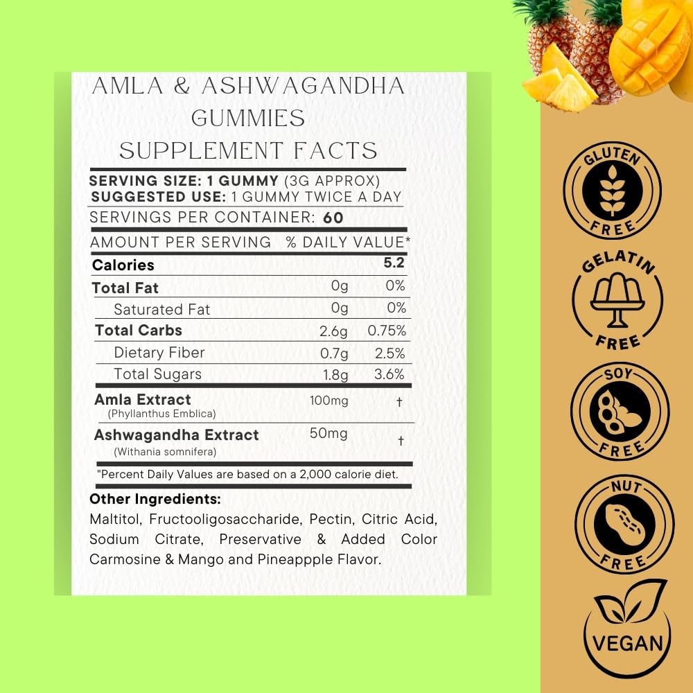 SOHM Amla and Ashwagandha Gummies for Immune Health - Individually Wrapped, Vegetarian Pineapple Mango Gummies for Men and Women