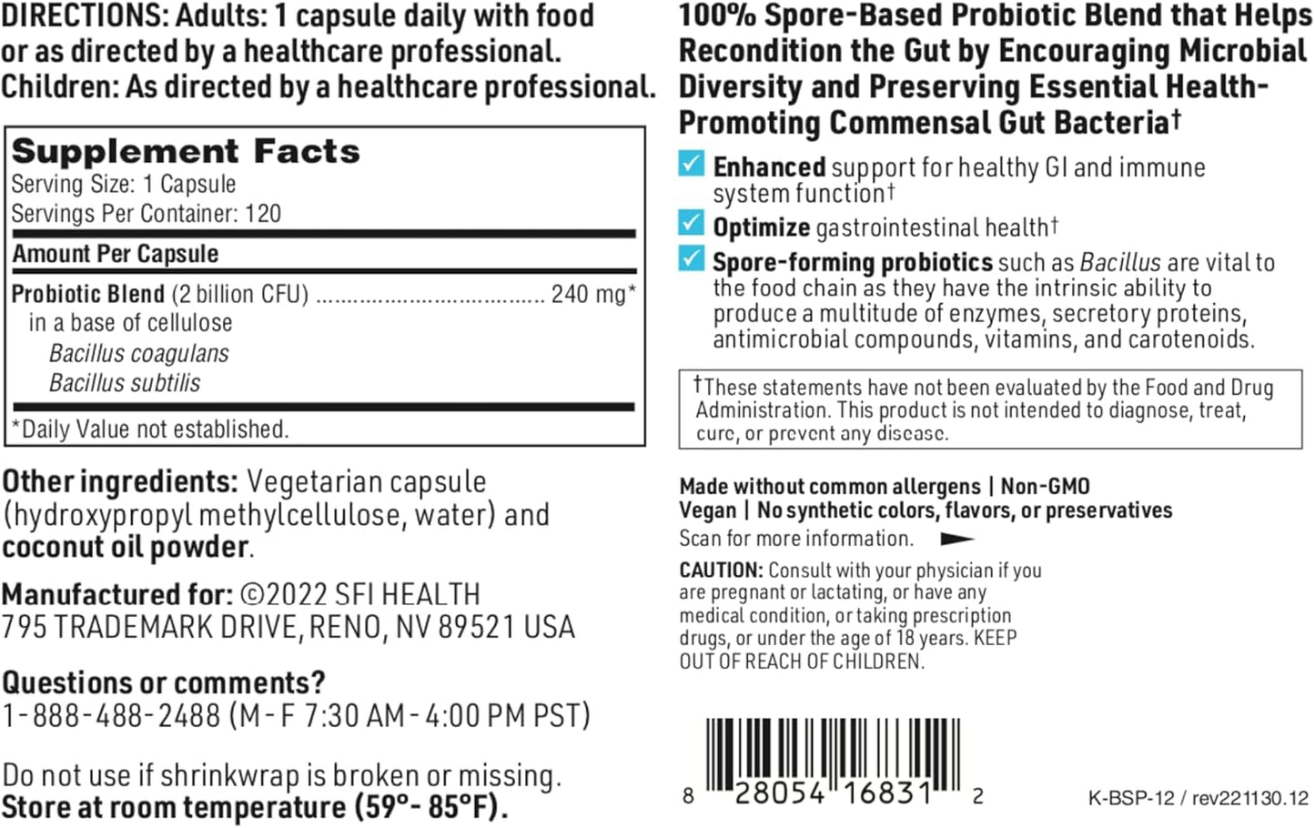 Soil-Based Probiotic for Digestive & Immune Support - 2 Billion CFU - Shelf-Stable - Bacillus Coagulans & Subtilis - Men & Women - 120 Capsules