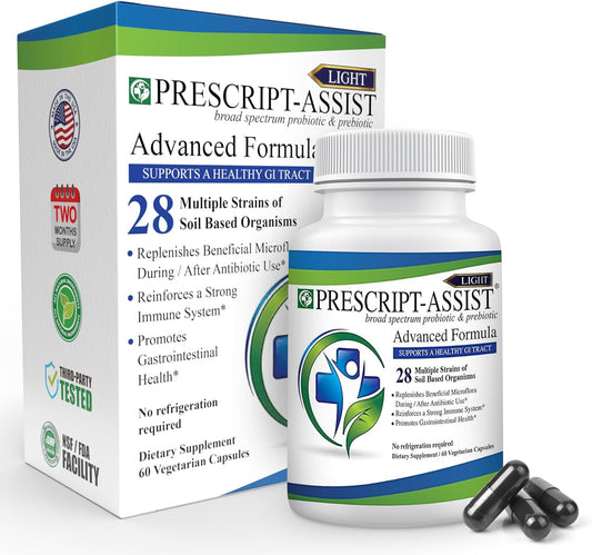 Soil-Based Probiotic for Gut Health - Prescript-Assist Light with 28 Strains - Prebiotic for Adults & Kids - Advanced Formula, No Refrigeration - 60 Capsules