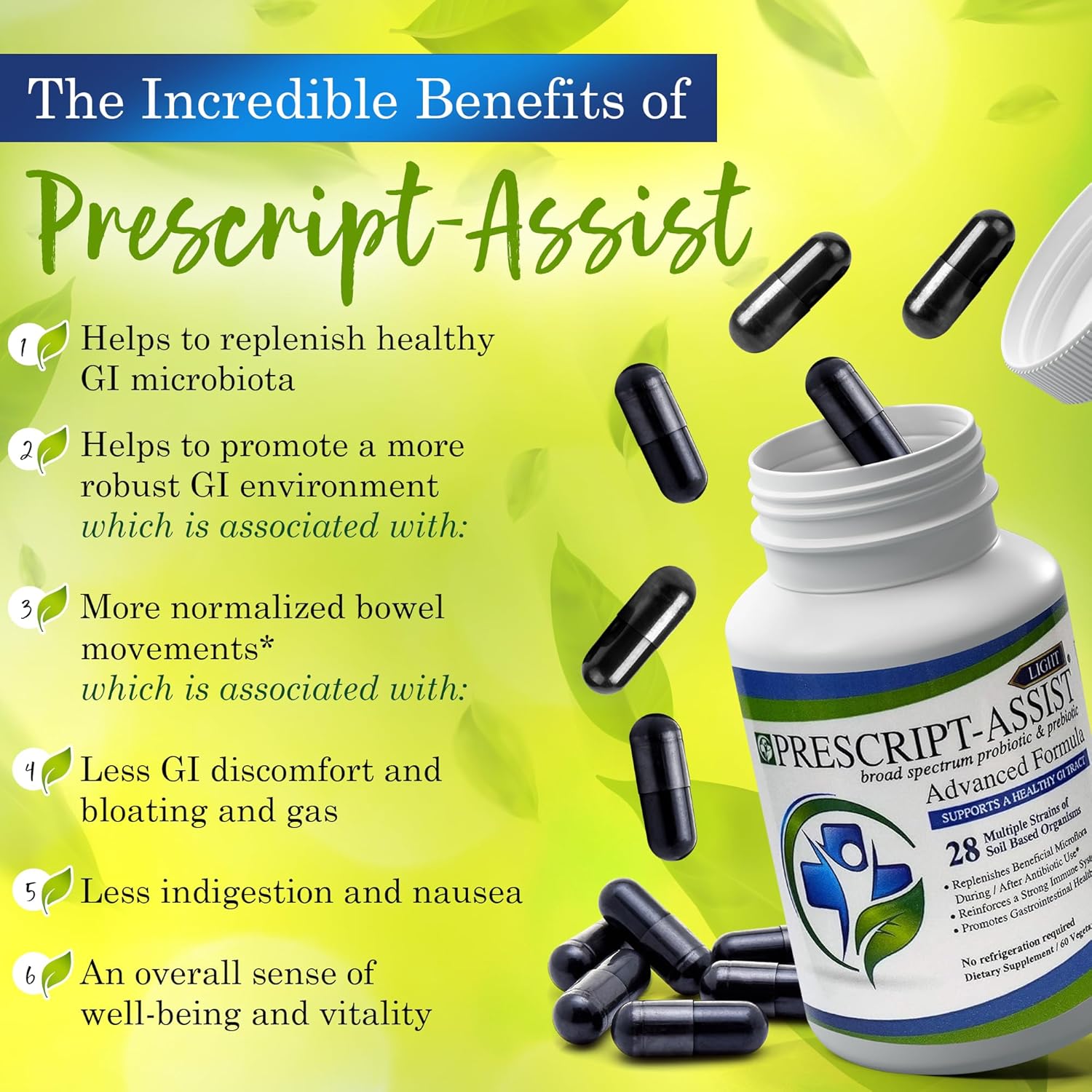 Soil-Based Probiotic for Gut Health - Prescript-Assist Light with 28 Strains - Prebiotic for Adults & Kids - Advanced Formula, No Refrigeration - 60 Capsules