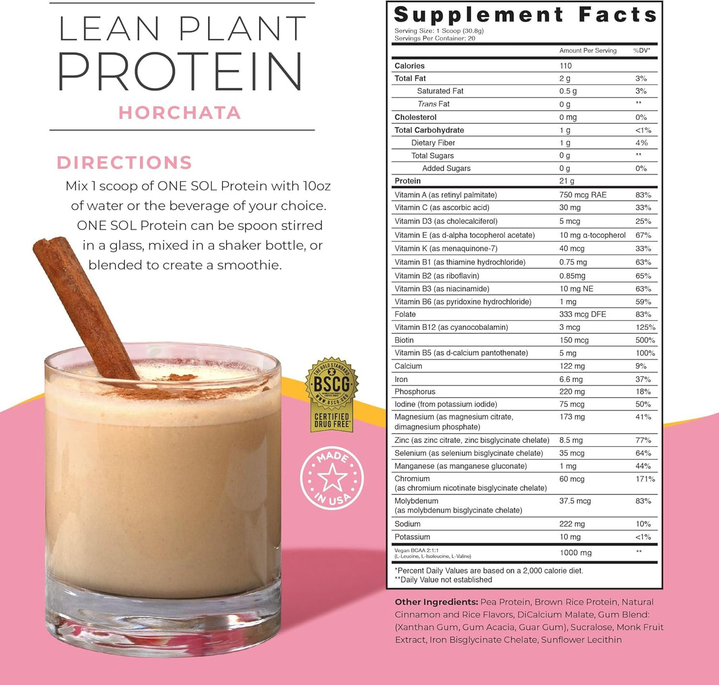 Sol Lean Plant Protein Powder Horchata - Low Carb, Gluten-Free, Lactose-Free, No Sugar, Soy Free, Non-GMO, Vegan-Friendly