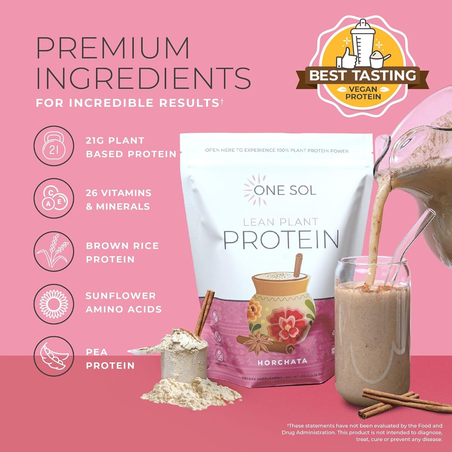 Sol Lean Plant Protein Powder Horchata - Low Carb, Gluten-Free, Lactose-Free, No Sugar, Soy Free, Non-GMO, Vegan-Friendly