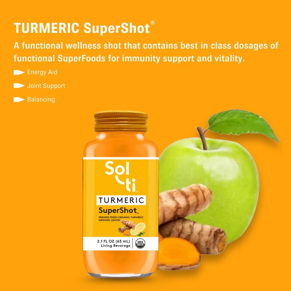 Sol-ti Organic Turmeric SuperShot with Black Pepper for Joint Support, 12 Pack (2.1 Fl oz) - Enhances Curcumin Absorption