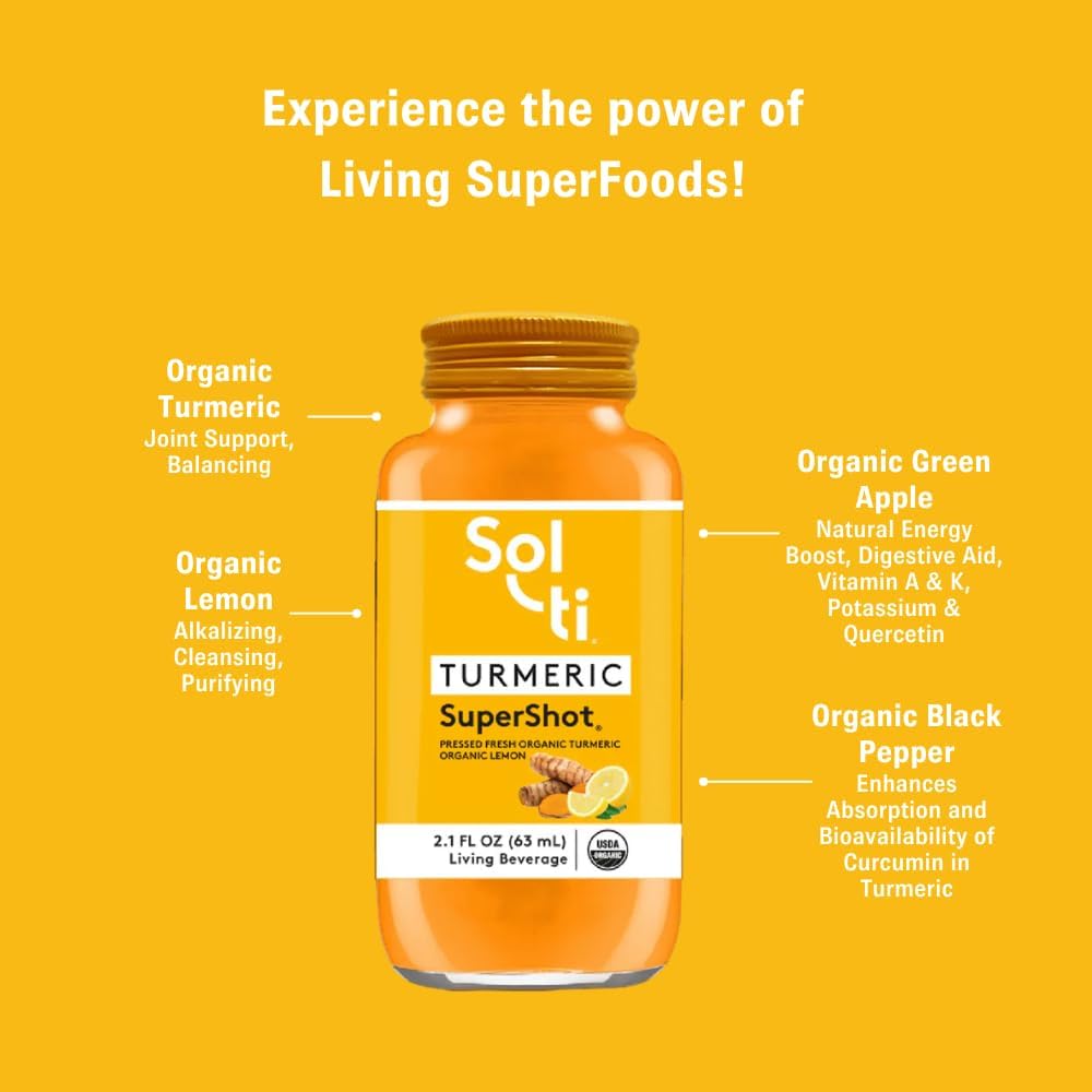 Sol-ti Organic Turmeric SuperShot with Black Pepper for Joint Support, 12 Pack (2.1 Fl oz) - Enhances Curcumin Absorption