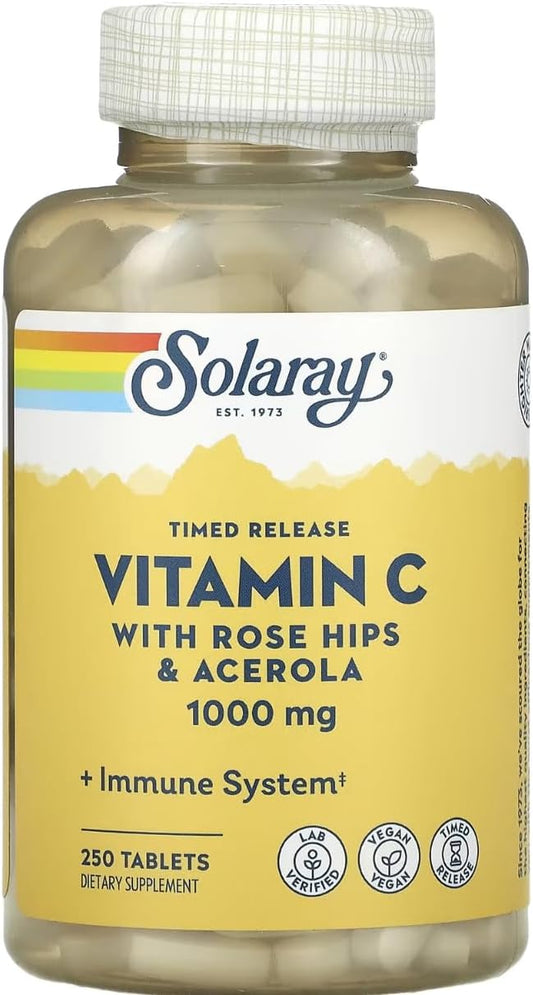 Solaray 1,000mg Vitamin C Timed Release Tablets with Rose HIPS & Acerola - 250 Count
