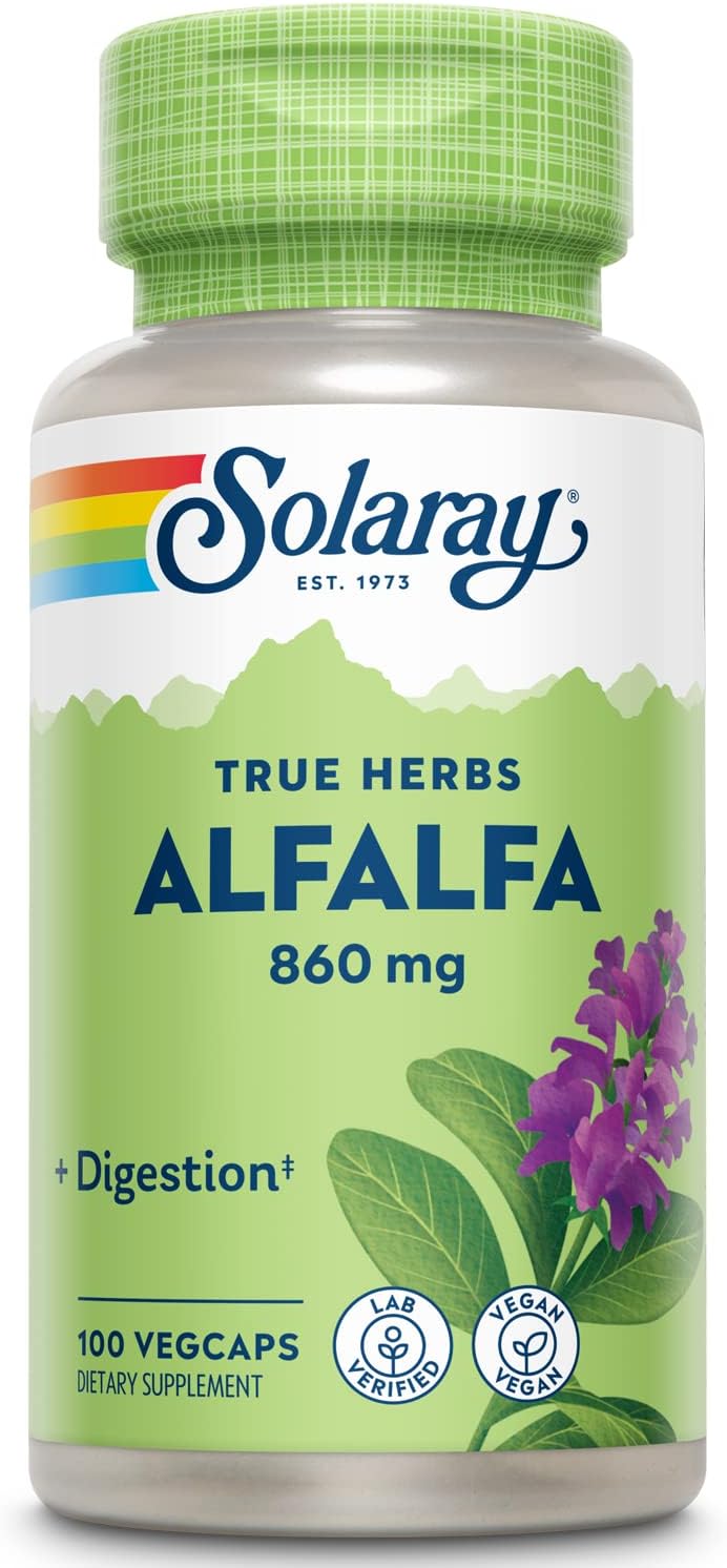 Solaray Alfalfa Leaf Capsules 860mg - Superfood for Healthy Digestion - Vegan with Vitamins, Minerals, and Fiber - 100 VegCaps, 60 Day Guarantee