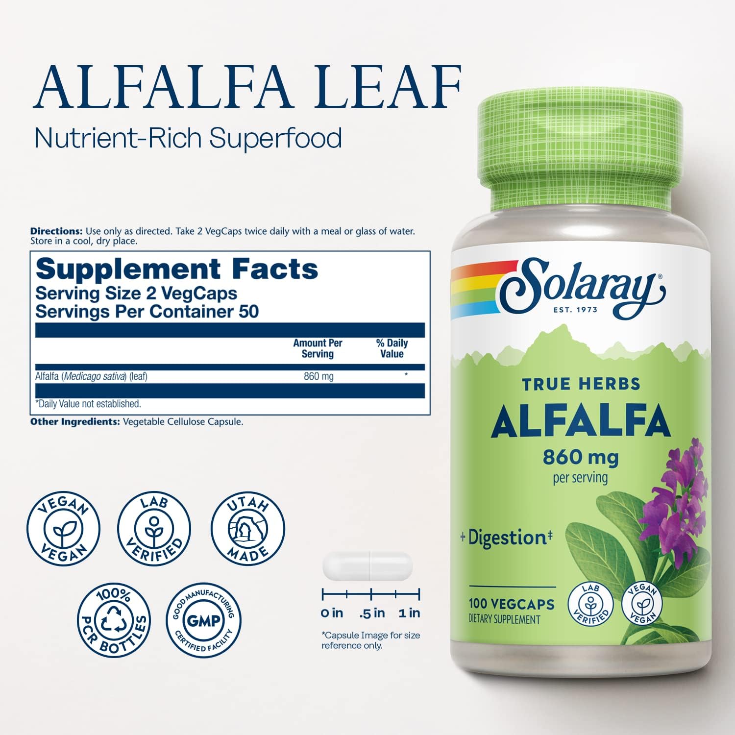 Solaray Alfalfa Leaf Capsules 860mg - Superfood for Healthy Digestion - Vegan with Vitamins, Minerals, and Fiber - 100 VegCaps, 60 Day Guarantee