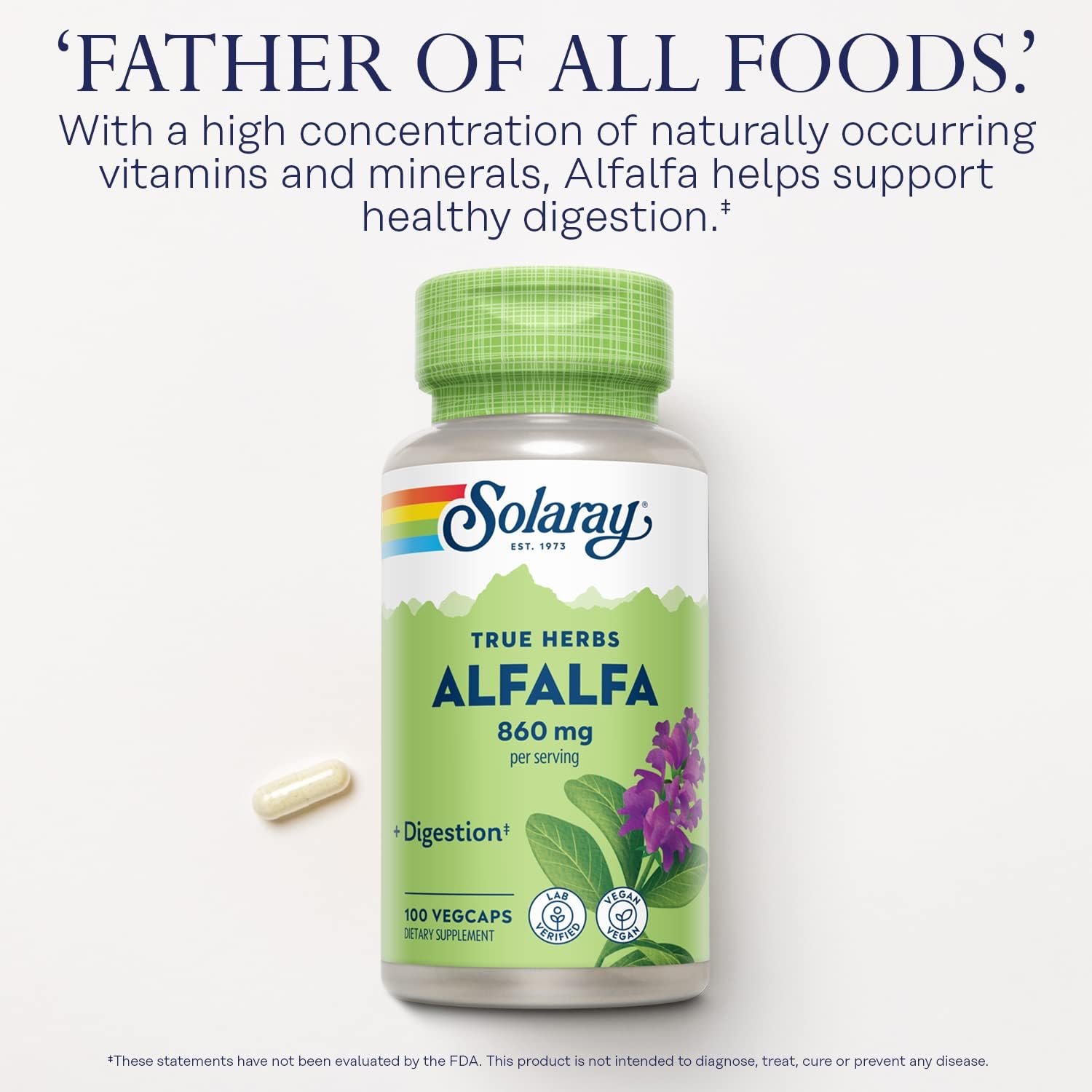 Solaray Alfalfa Leaf Capsules 860mg - Superfood for Healthy Digestion - Vegan with Vitamins, Minerals, and Fiber - 100 VegCaps, 60 Day Guarantee