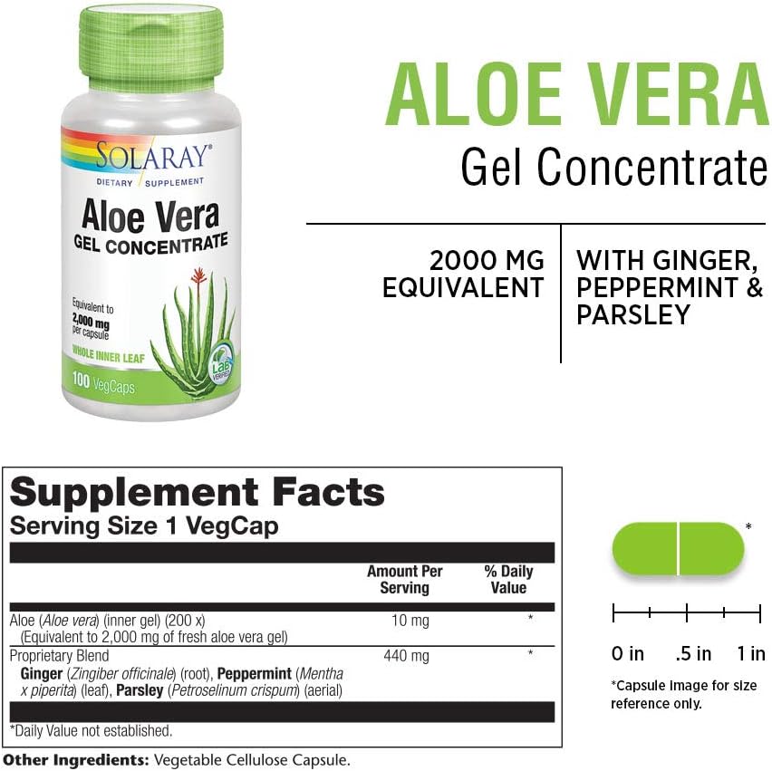 Solaray Aloe Vera Gel Capsules - 2000mg, 100 Count - Organic Aloe Supplement for Digestive Health and Immune Support