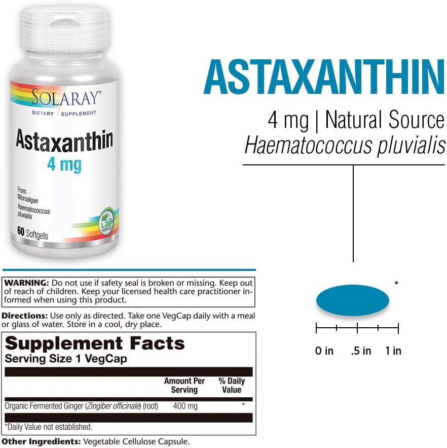 Solaray Astaxanthin 4 mg Softgels | Antioxidant Supplement for Eye, Skin, Heart, and Joints | 60 Count