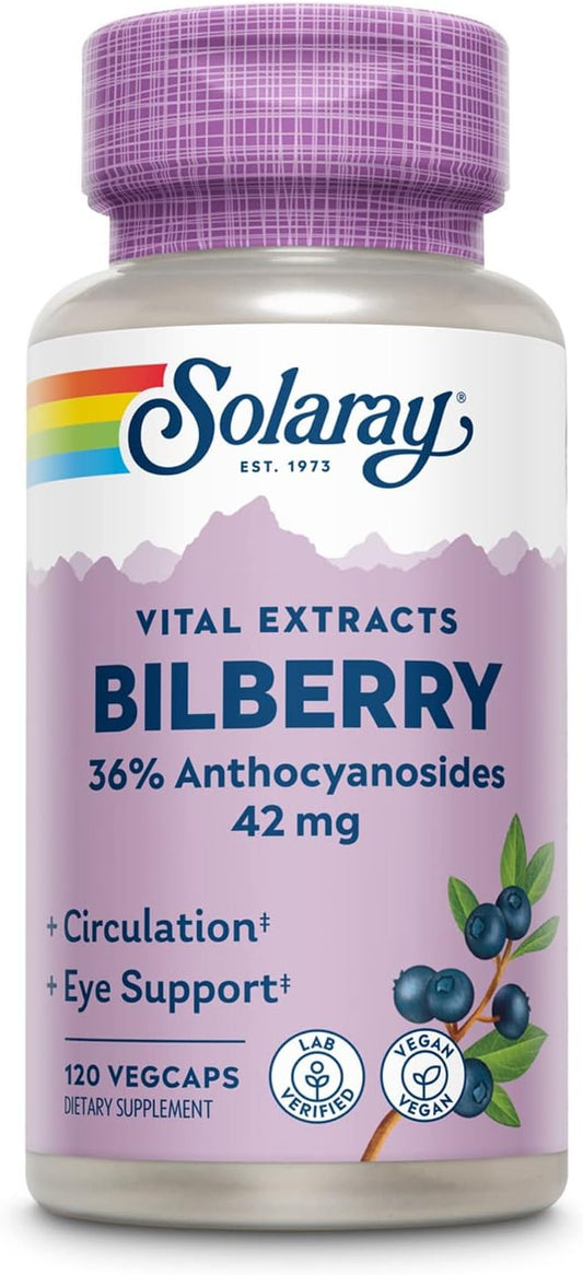 Solaray Bilberry Berry Extract 42mg VegCaps - Eye & Circulation Support, 36% Anthocyanosides, Vegan - 120 Count