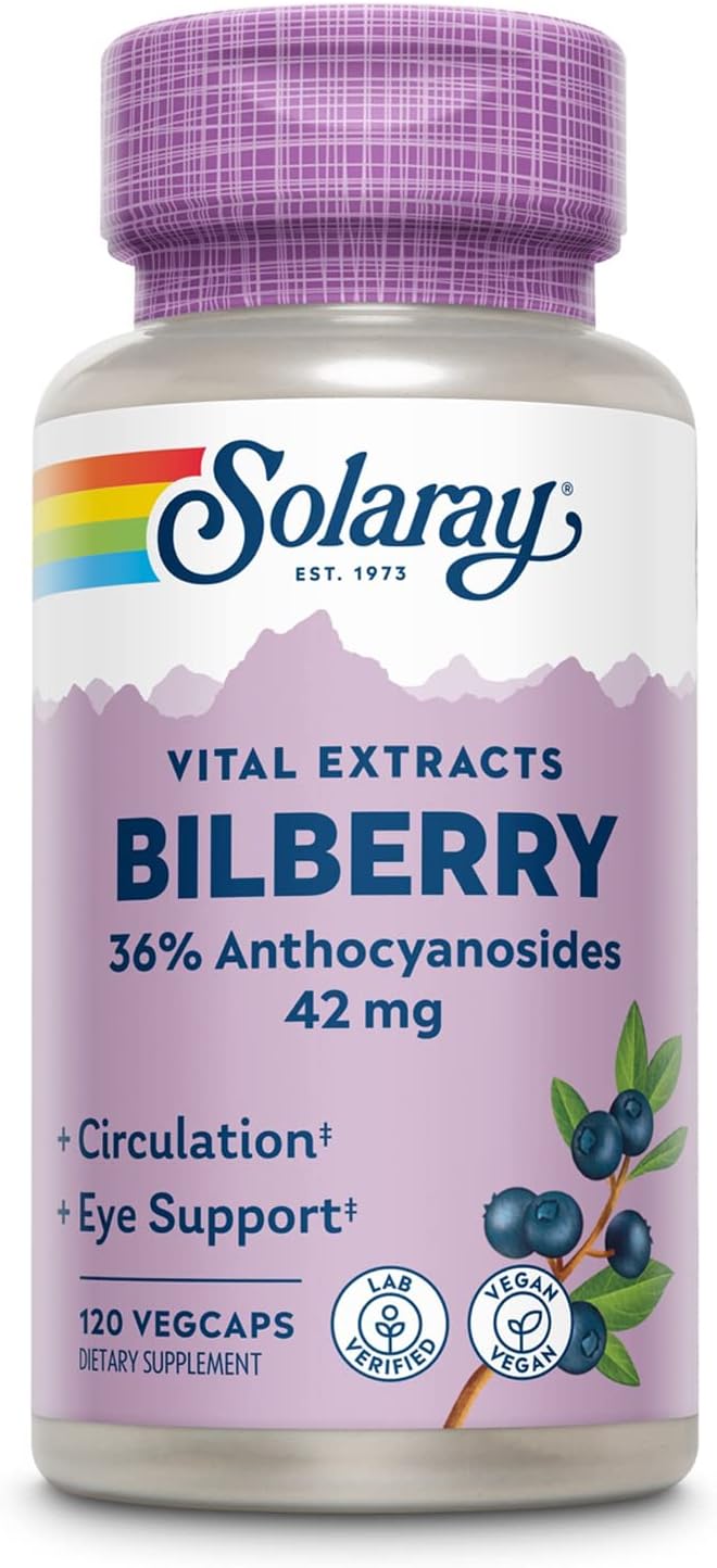 Solaray Bilberry Berry Extract 42mg VegCaps - Eye & Circulation Support, 36% Anthocyanosides, Vegan - 120 Count
