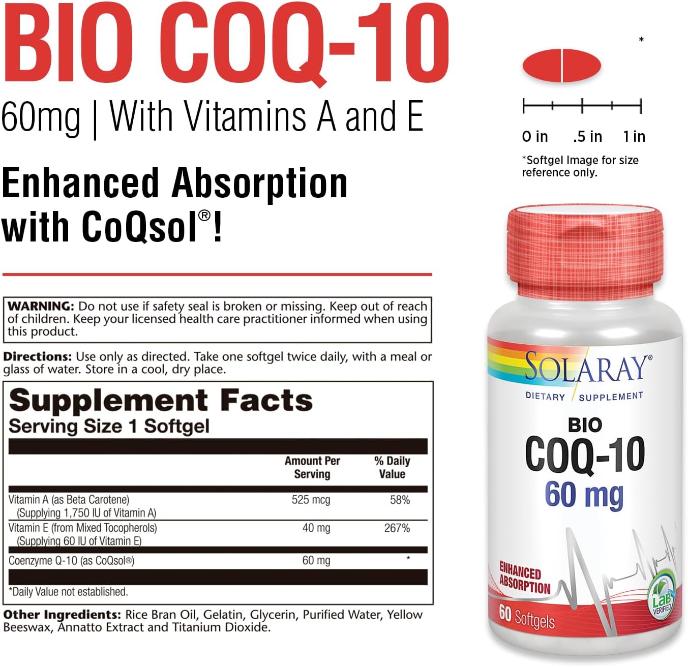 Solaray Bio CoQ-10 60 mg Softgels for Healthy Heart & Cellular Energy Support with Enhanced Absorption, Vitamins A & E - 60 Count