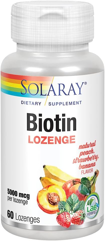 Solaray Biotin Lozenges 5000 mcg | Natural Peach, Strawberry, Banana Flavor | Promotes Healthy Hair, Skin & Nails | 60 Count
