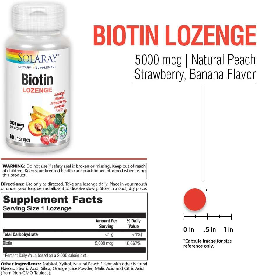 Solaray Biotin Lozenges 5000 mcg | Natural Peach, Strawberry, Banana Flavor | Promotes Healthy Hair, Skin & Nails | 60 Count