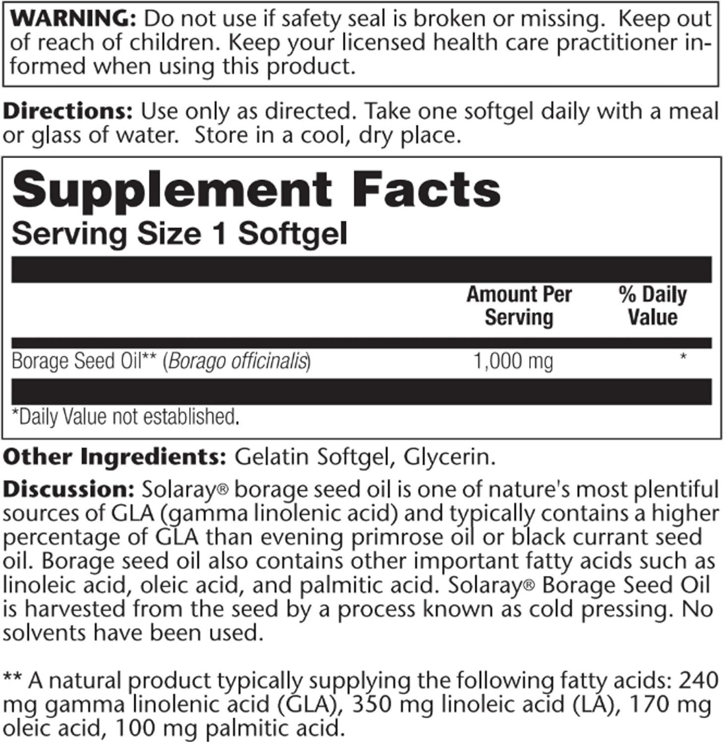 SOLARAY Borage Oil Seed Softgels - 240mg, 50 Count Bottle
