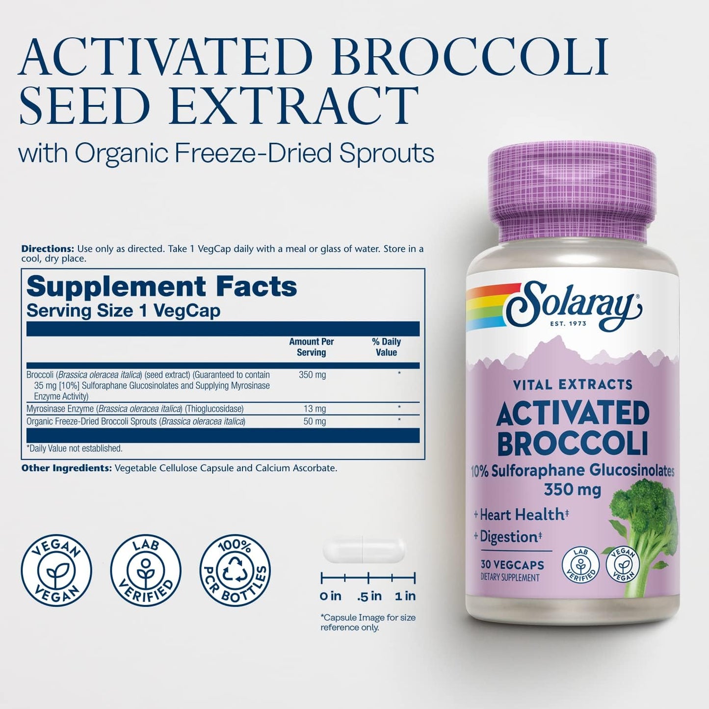 Solaray Broccoli Seed Extract 350mg - 10% Sulforaphane Glucosinolates - Antioxidant, Heart, Digestive Support - Vegan - Lab Verified - 30 VegCaps