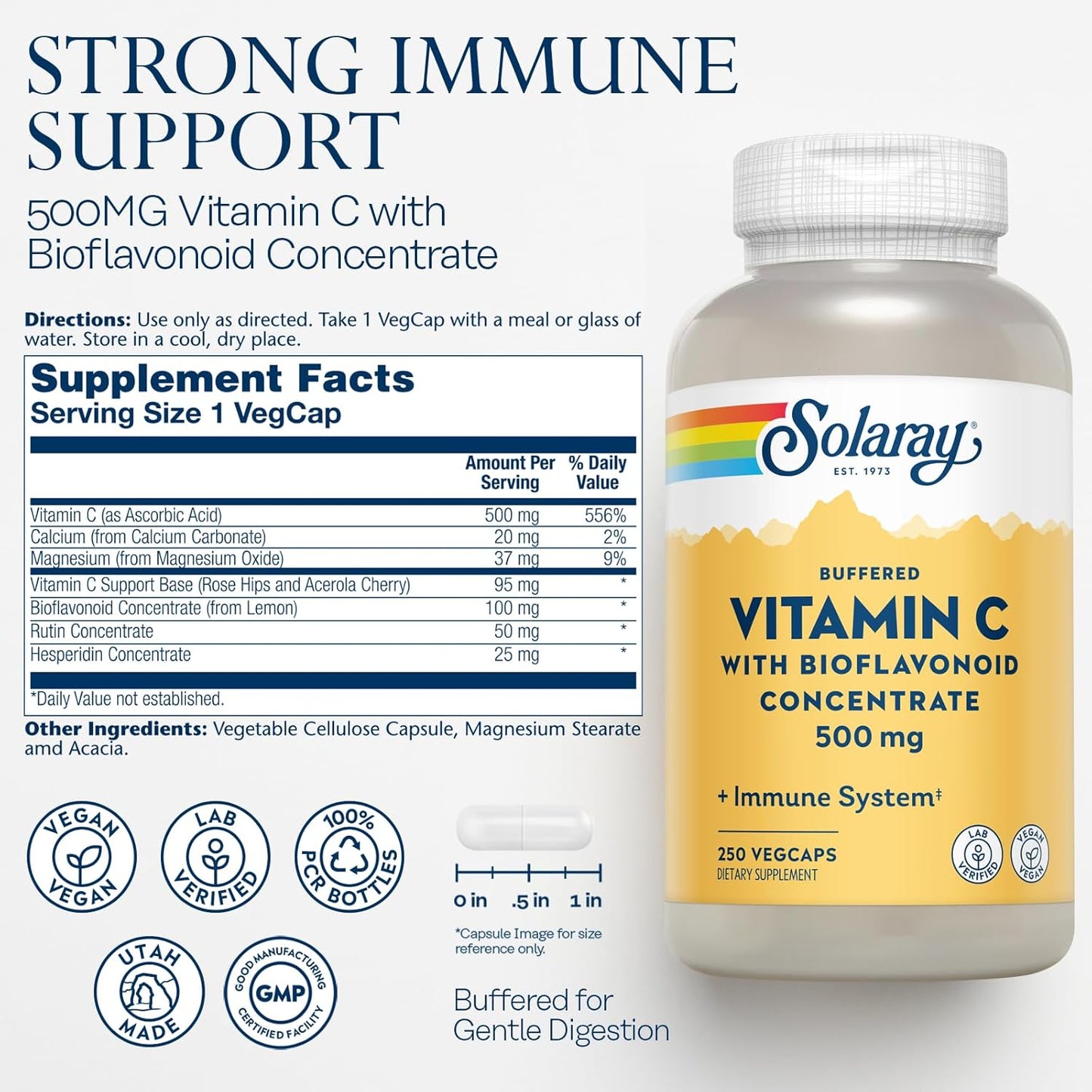 Solaray Buffered Vitamin C 500mg with Bioflavonoids, Rose HIPS and Acerola Cherry - Immune Support Supplement - Vegan - Lab Verified - 60-Day Guarantee - 250 Servings