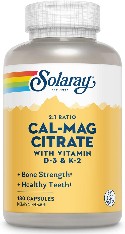 Solaray Cal-Mag Citrate Capsules with Vitamin D-3 and K-2 - 180 Count
