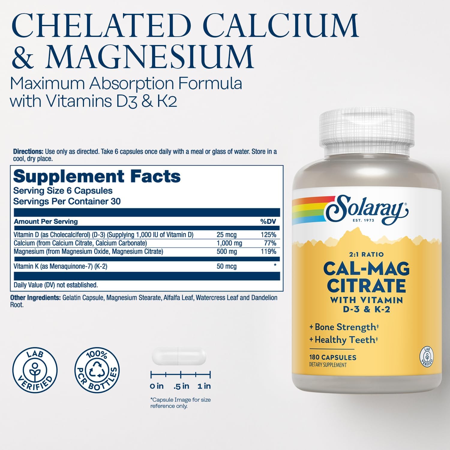Solaray Cal-Mag Citrate Capsules with Vitamin D-3 and K-2 - 180 Count