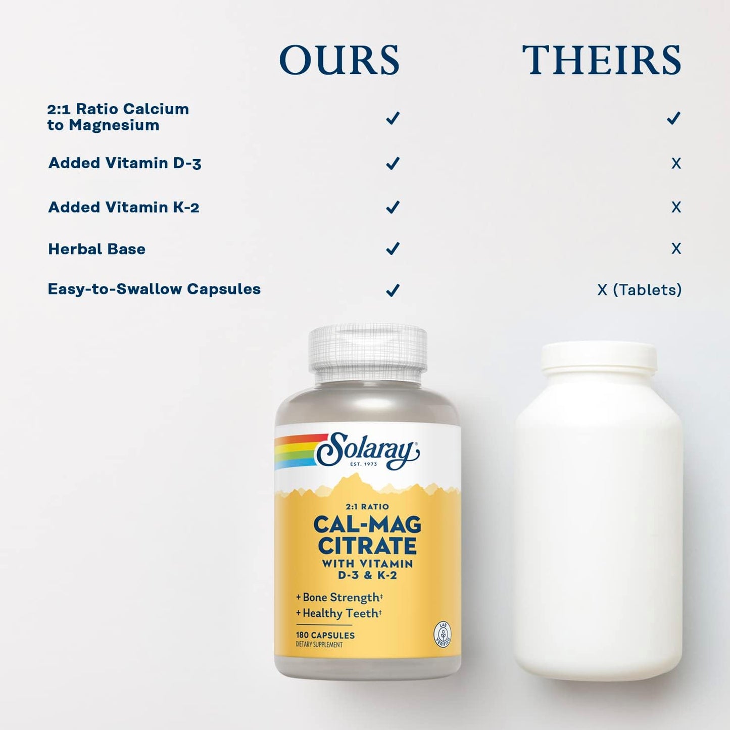 Solaray Cal-Mag Citrate Capsules with Vitamin D-3 and K-2 - 180 Count