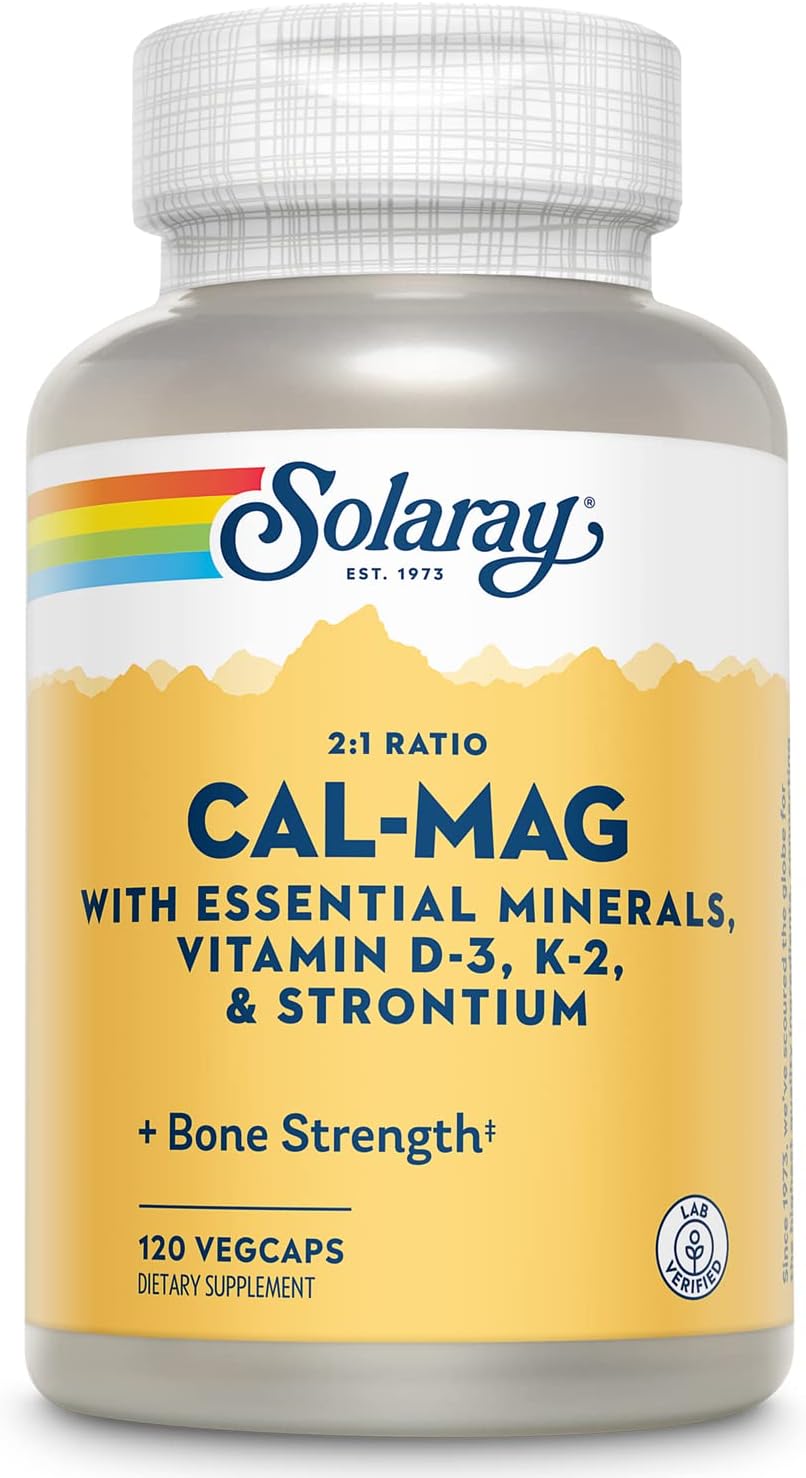 Solaray Cal-Mag with Essential Minerals | 30 Servings of Calcium, Magnesium, Strontium, Vitamins D-3 & K-2 | 120 VegCaps
