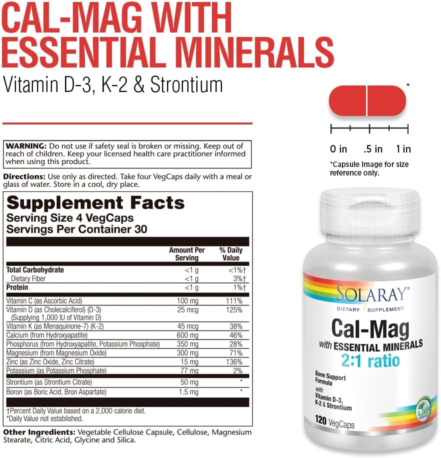 Solaray Cal-Mag with Essential Minerals | 30 Servings of Calcium, Magnesium, Strontium, Vitamins D-3 & K-2 | 120 VegCaps