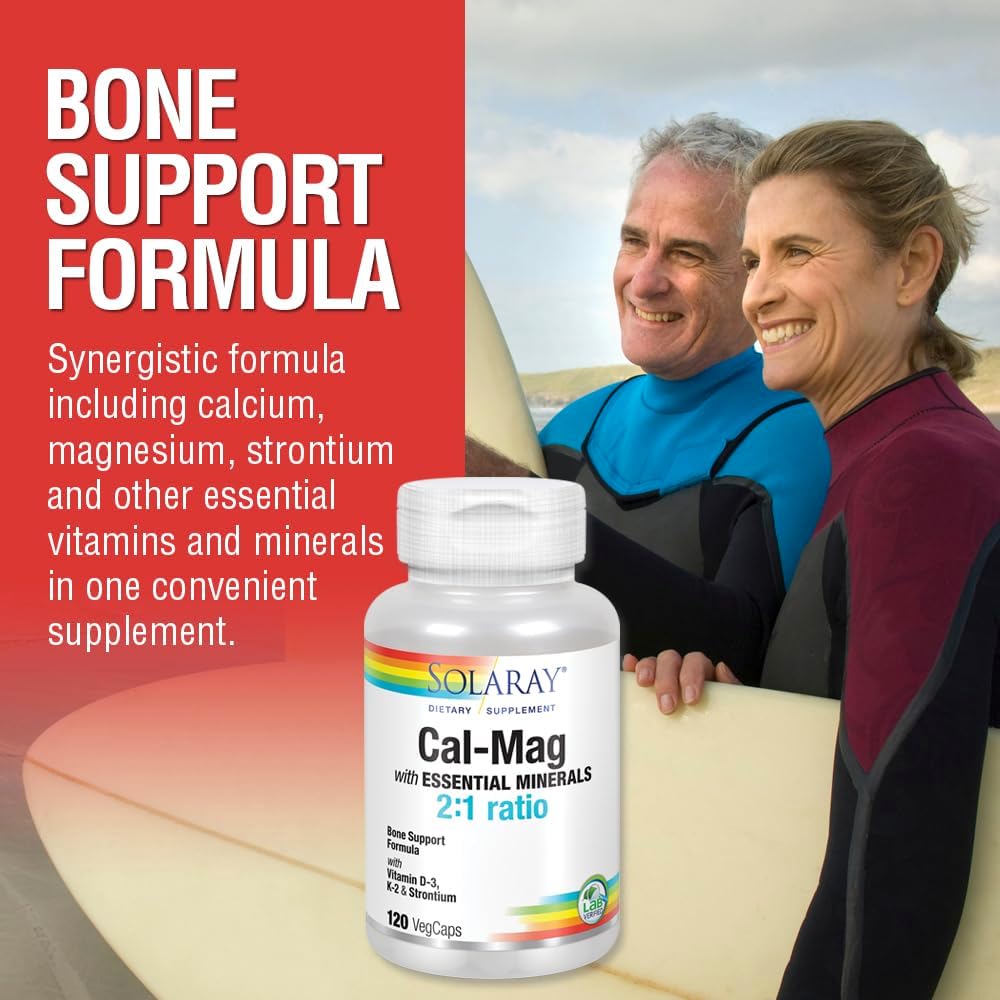 Solaray Cal-Mag with Essential Minerals | 30 Servings of Calcium, Magnesium, Strontium, Vitamins D-3 & K-2 | 120 VegCaps