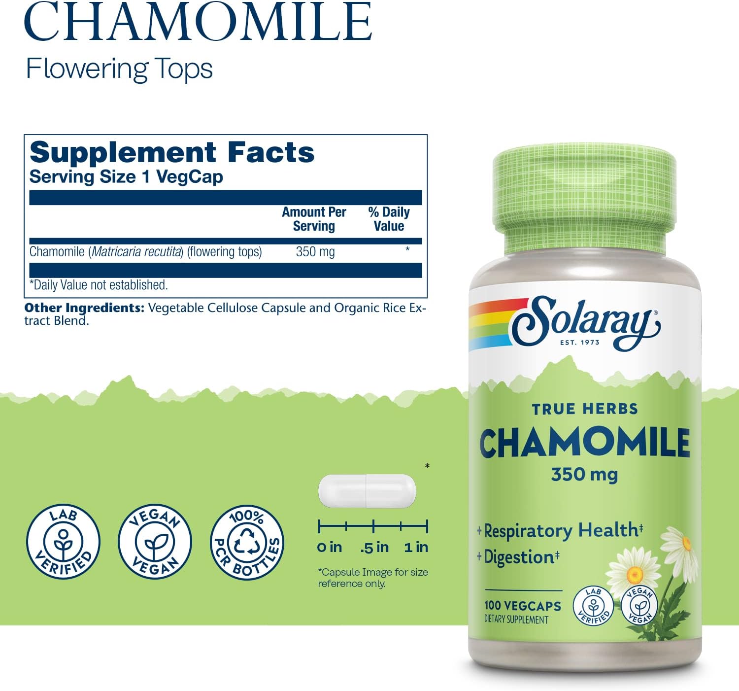 Solaray Chamomile VegCaps - Natural Support for Digestion, Respiratory Health, and Relaxation - 100 Servings
