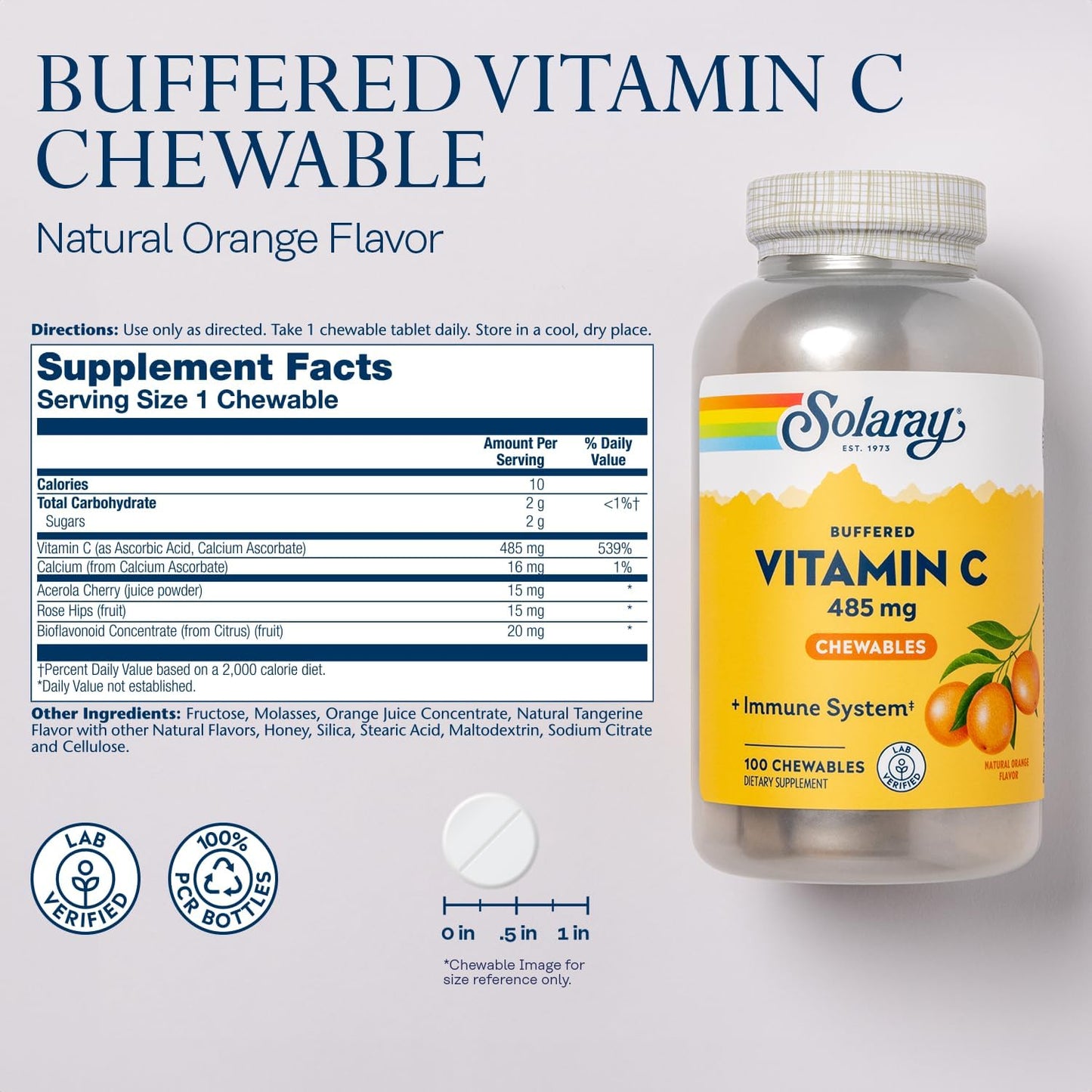 Solaray Chewable Buffered Vitamin C with Rose HIPS and Acerola Cherry - Immune Support Supplement with Gentle Digestion - Natural Orange Flavor - 100 Chewables, 100 Servings - 60-Day Guarantee