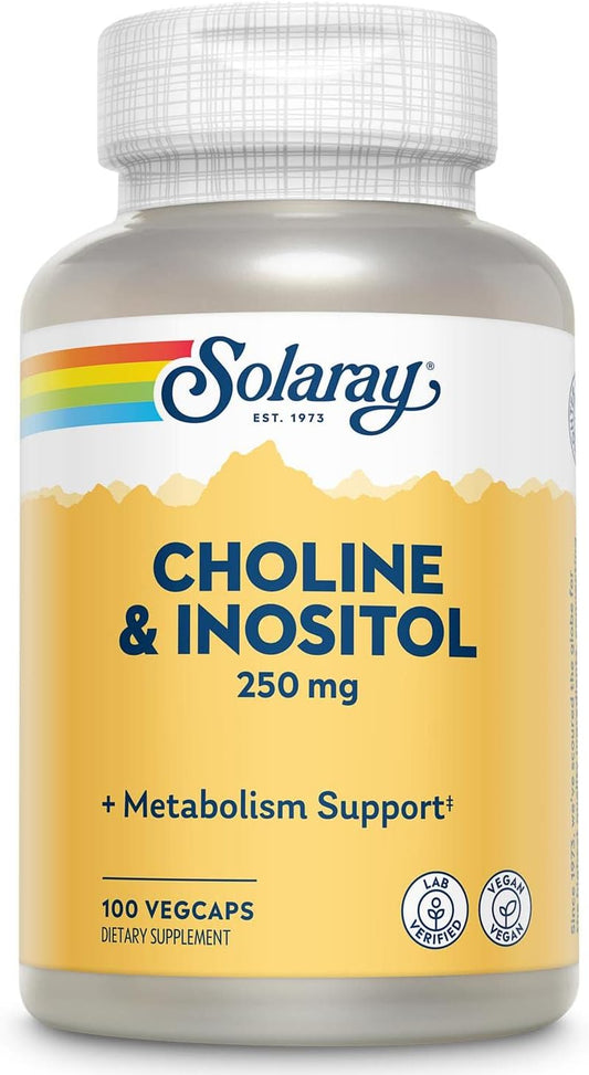 SOLARAY Choline & Inositol 250 mg VegCaps - Boost Fat Metabolism & Brain Function - Pack of 200 Capsules