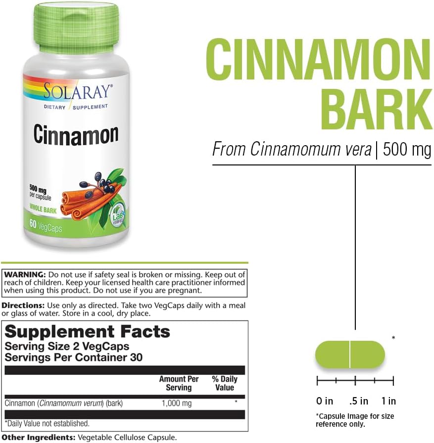 Solaray Cinnamon Bark Supplement | 1000mg | Supports Digestive Health & Antioxidant | 60 VegCaps