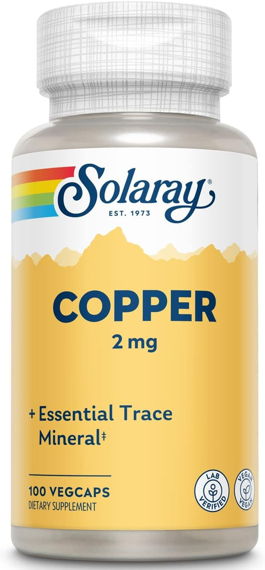 SOLARAY Copper 2 mg Capsules for Red Blood Cell, Immune & Nerve Support | Non-GMO | 200 Count (2 Pack)