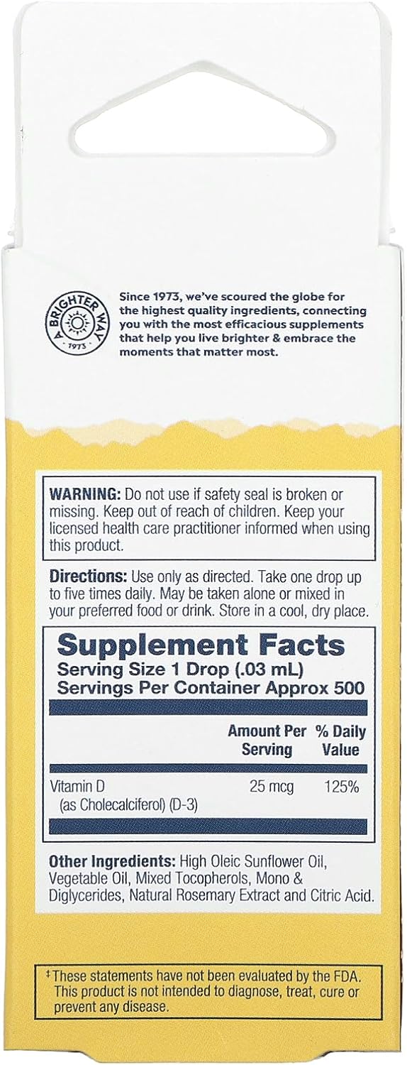 Solaray D3 Liquid Unflavored Carton - 1000IU 0.5oz - Vitamin D3 Supplement for Immune Support and Bone Health