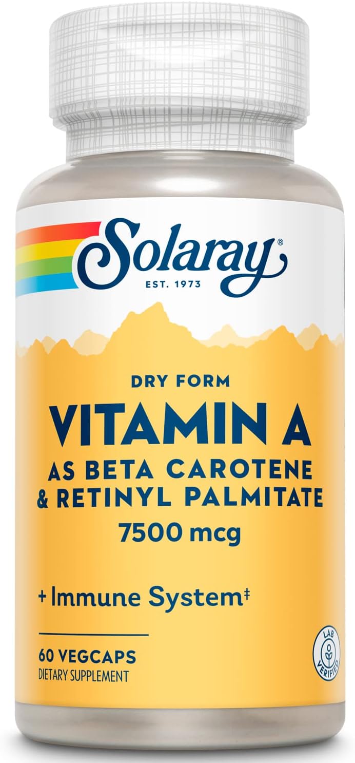 Solaray Dry Form Vitamin A Capsules - 60 Servings of 60% Beta Carotene and 40% Retinyl Palmitate with Carrot Powder - Eye, Antioxidant, Immune Support