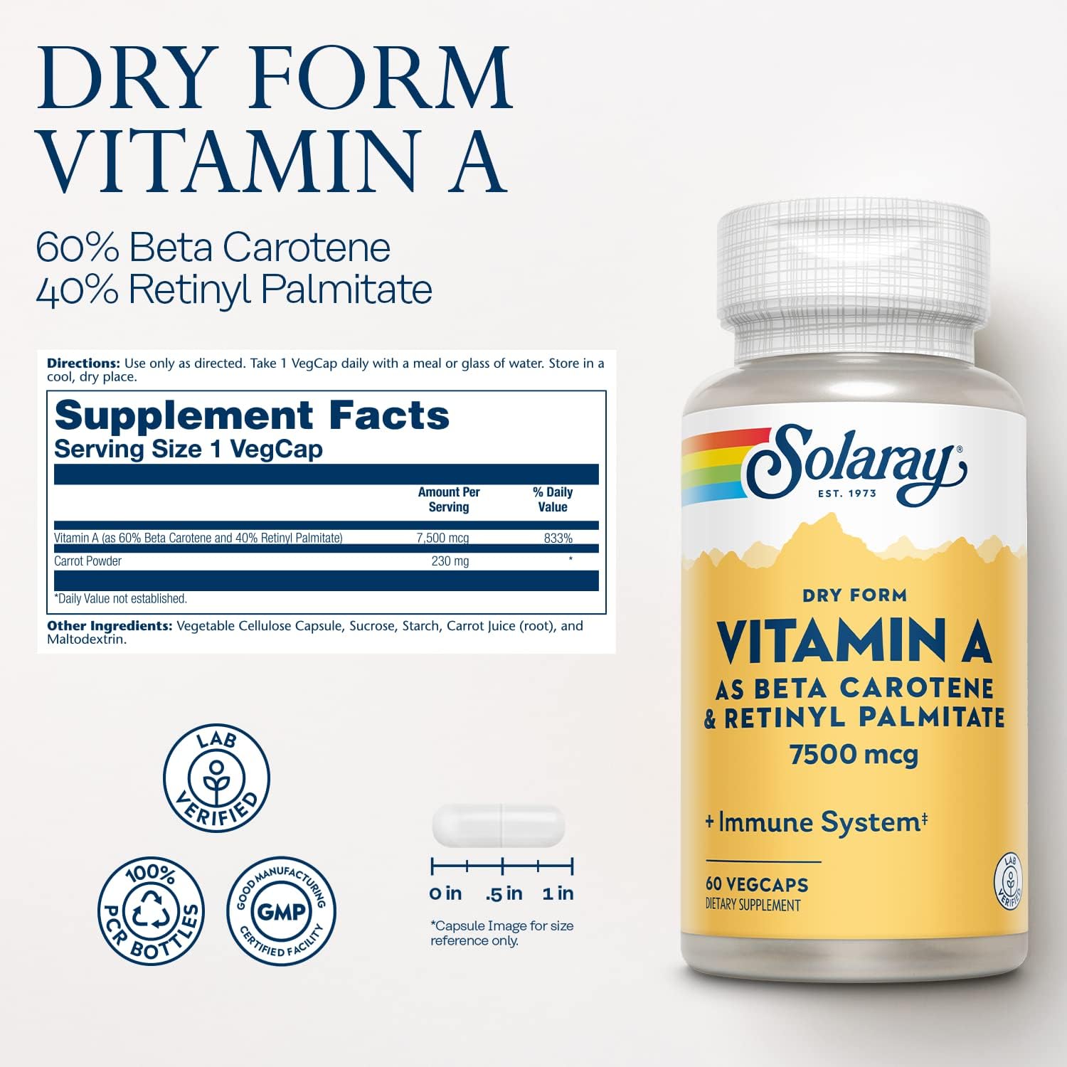 Solaray Dry Form Vitamin A Capsules - 60 Servings of 60% Beta Carotene and 40% Retinyl Palmitate with Carrot Powder - Eye, Antioxidant, Immune Support
