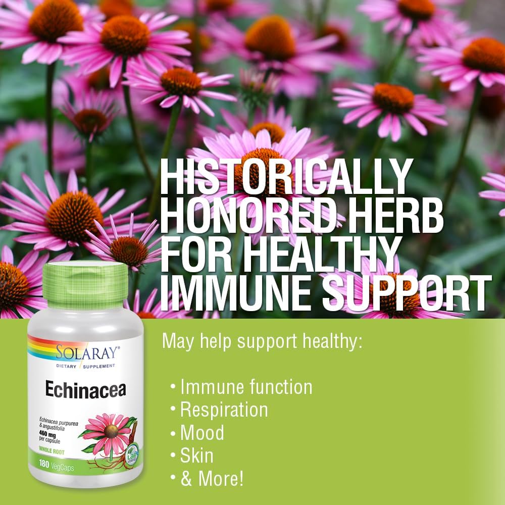 Solaray Echinacea Purpurea & Angustifolia Root 460 mg Capsules for Immune & Respiratory Health | 180 Vegetarian Capsules