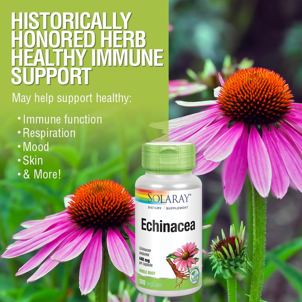 Solaray Echinacea Purpurea Root 440 mg Capsules for Immune & Respiratory Health - 100 Vegetarian Capsules