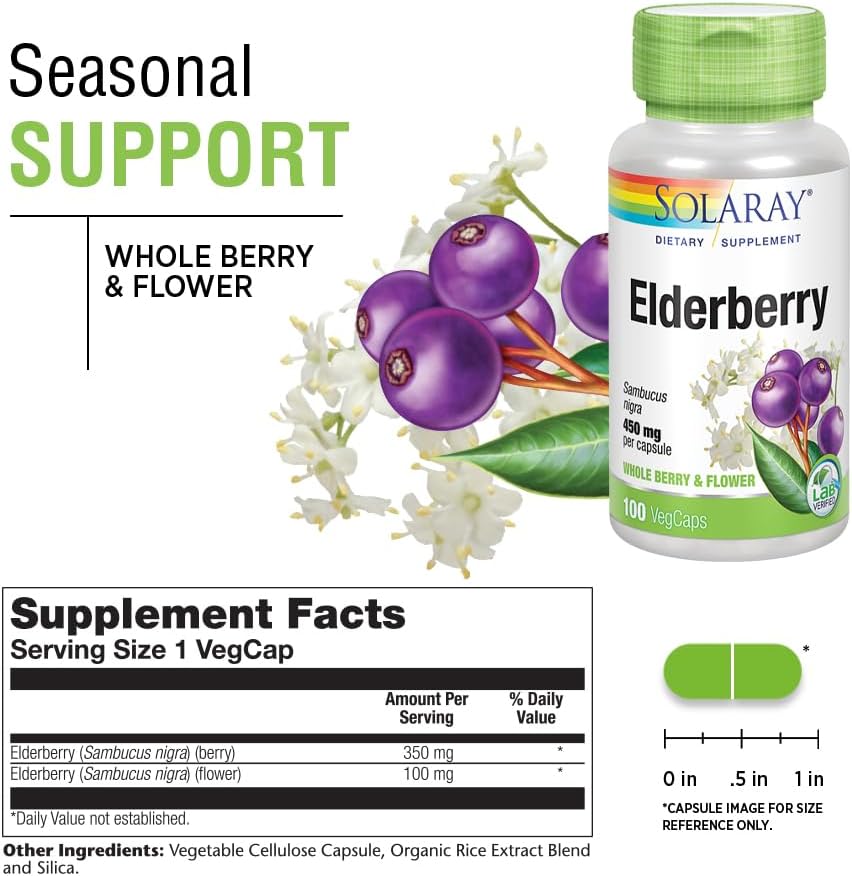 Solaray Elderberry Berry & Flower Capsules 450mg | Boost Immune System in Winter | Rich in Flavonoids & Phenolic Compounds | Non-GMO | 100 Count