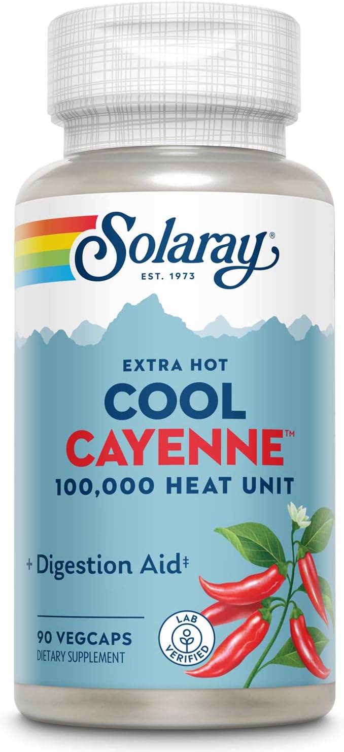 Solaray Extra Hot Cool Cayenne 100,000 HU VegCaps - Traditional Digestion Aid - Bio-Cool Process - Lab Verified - GMP Facility - 60-Day Guarantee