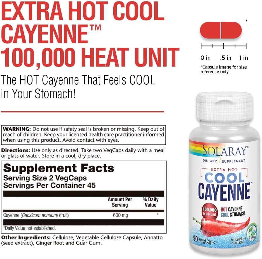 Solaray Extra Hot Cool Cayenne 100,000 HU VegCaps - Traditional Digestion Aid - Bio-Cool Process - Lab Verified - GMP Facility - 60-Day Guarantee