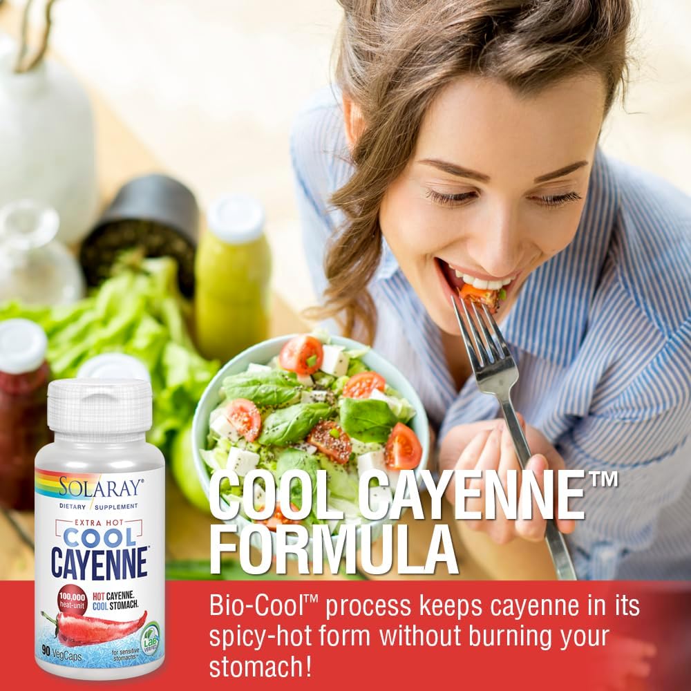 Solaray Extra Hot Cool Cayenne 100,000 HU VegCaps - Traditional Digestion Aid - Bio-Cool Process - Lab Verified - GMP Facility - 60-Day Guarantee