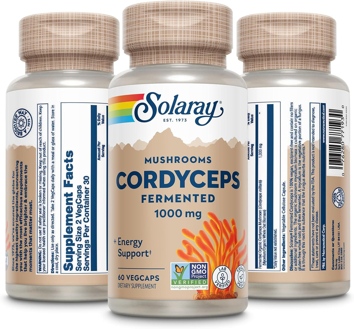 Solaray Fermented Cordyceps Mushroom Capsules - 1000mg for Healthy Energy - Enhanced Absorption Vegan Formula - Non-GMO, Lab Verified - 30 Servings
