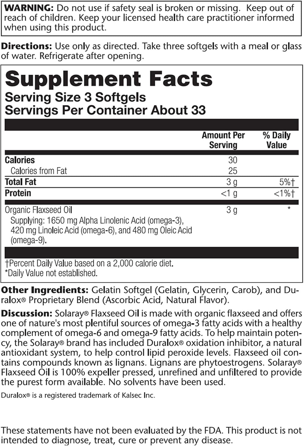 SOLARAY Flaxseed Oil Softgels - 1000mg, 100 Count Bottle