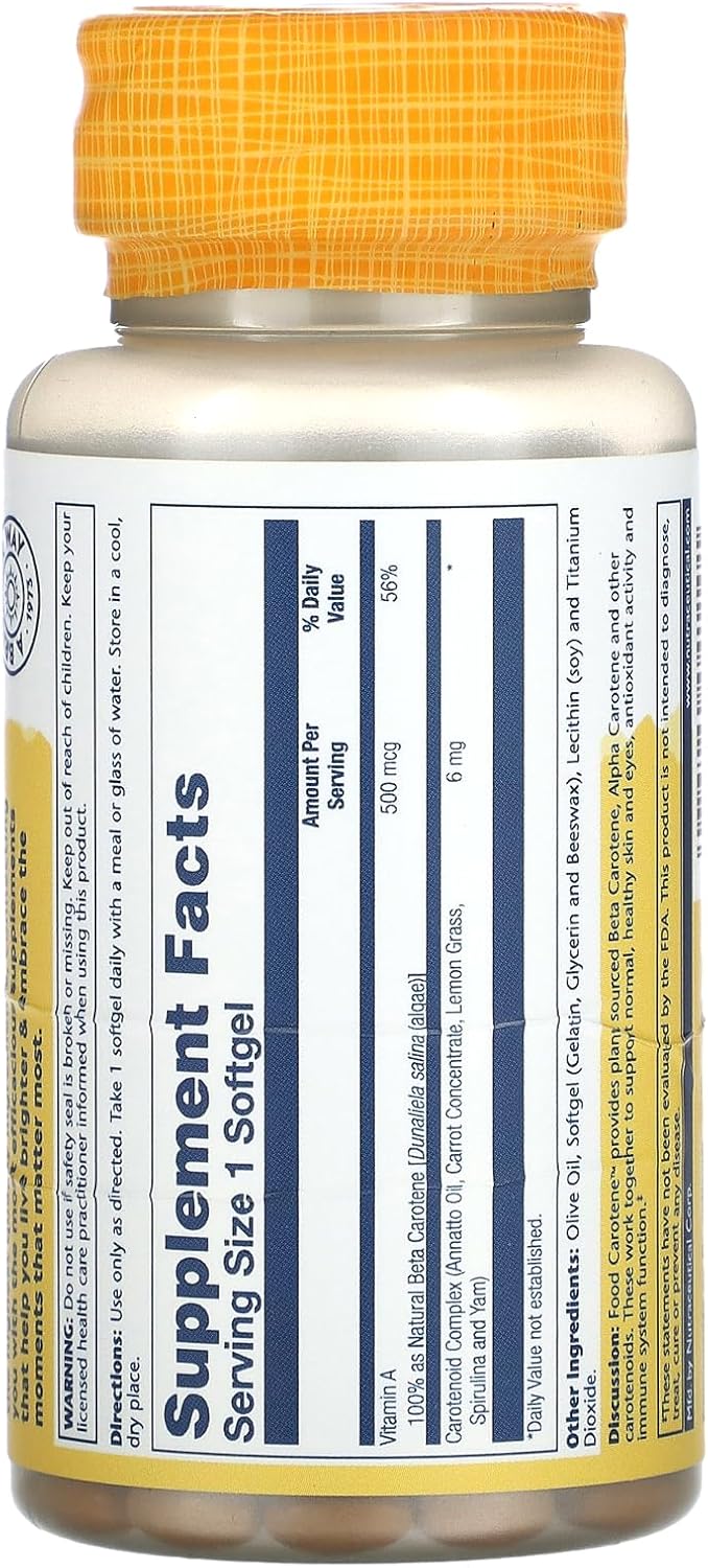 Solaray Food Carotene Capsules - 10000IU, 100 Count - Antioxidant Support Supplement for Eye Health and Immune System Boost