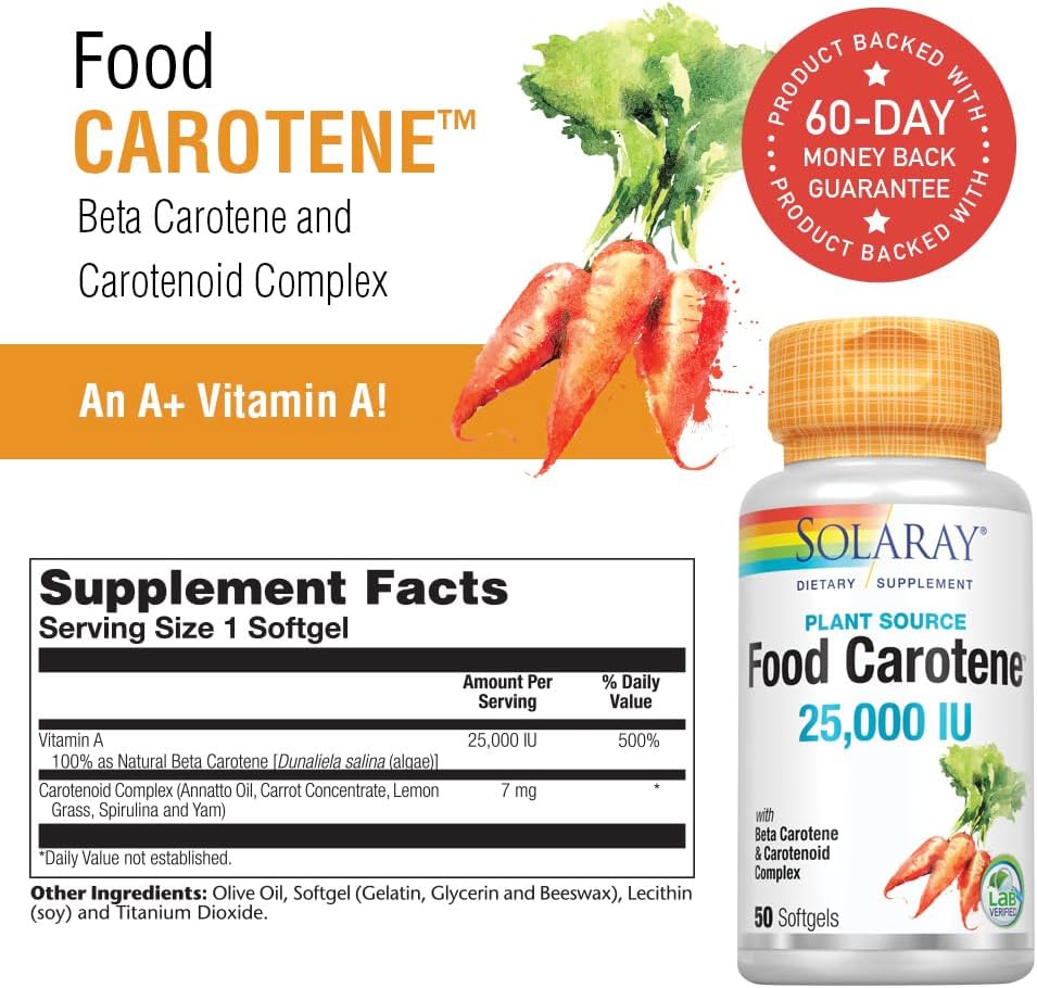 Solaray Food Carotene Capsules - 25000IU Beta Carotene for Skin & Eyes - Antioxidant & Immune Support - 50 Count