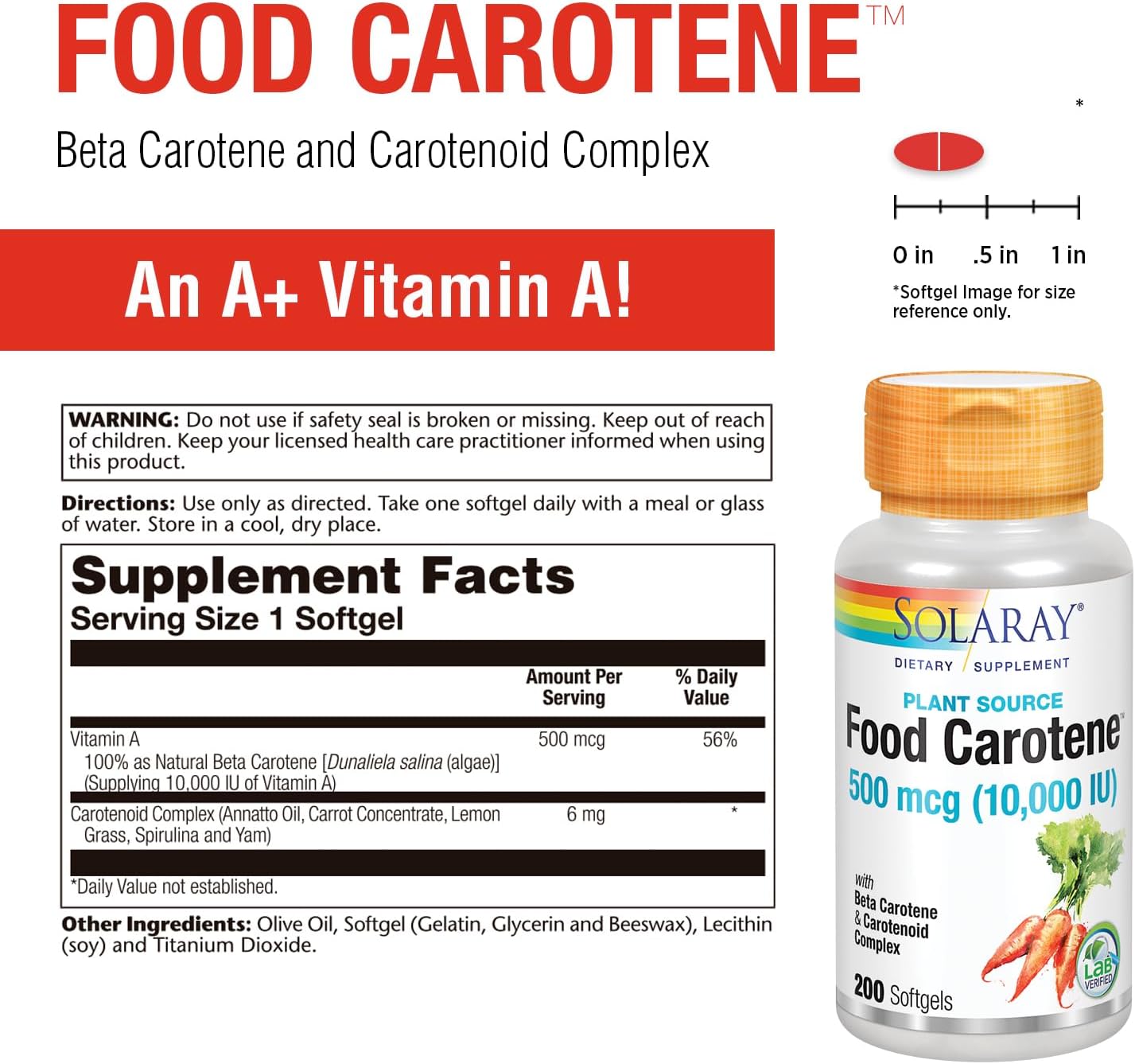 Solaray Food Carotene Vitamin A 10000 IU Capsules for Healthy Skin, Eyes, Antioxidant & Immune Support - 200 Count
