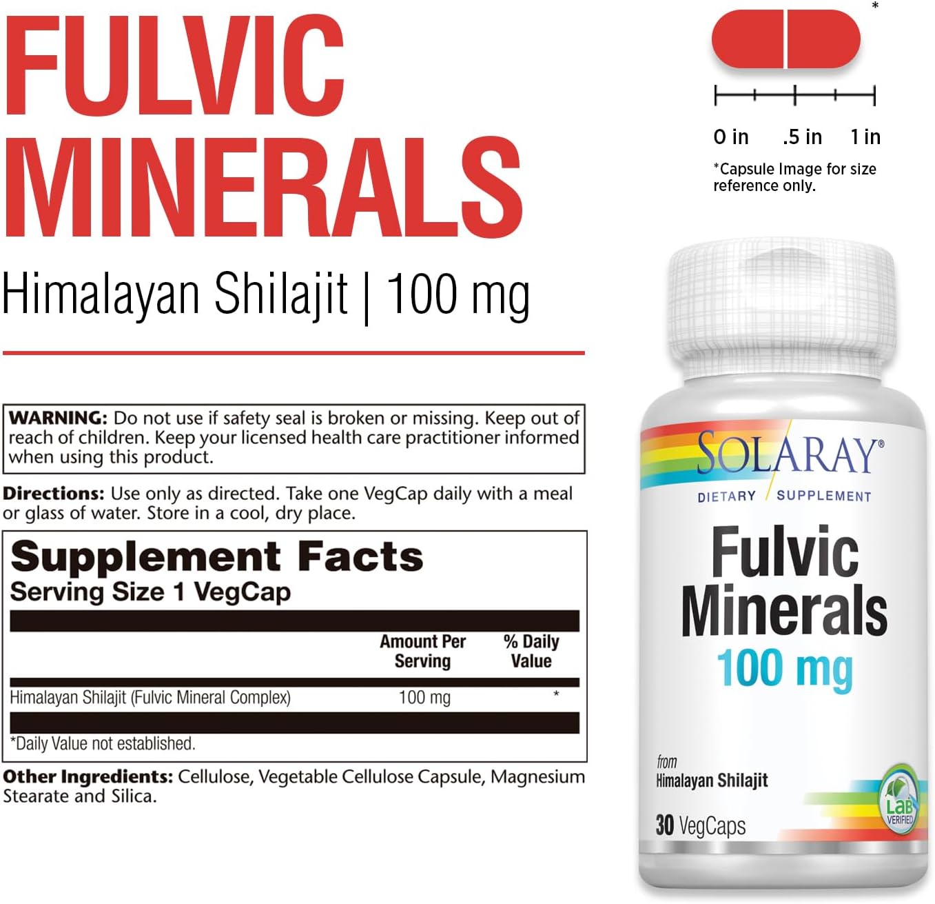 Solaray Fulvic Minerals 100mg Capsules with Himalayan Shilajit for Digestive, Skin, and Brain Health - 30 Count