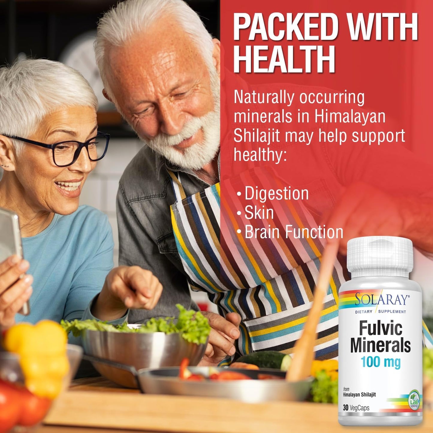 Solaray Fulvic Minerals 100mg Capsules with Himalayan Shilajit for Digestive, Skin, and Brain Health - 30 Count