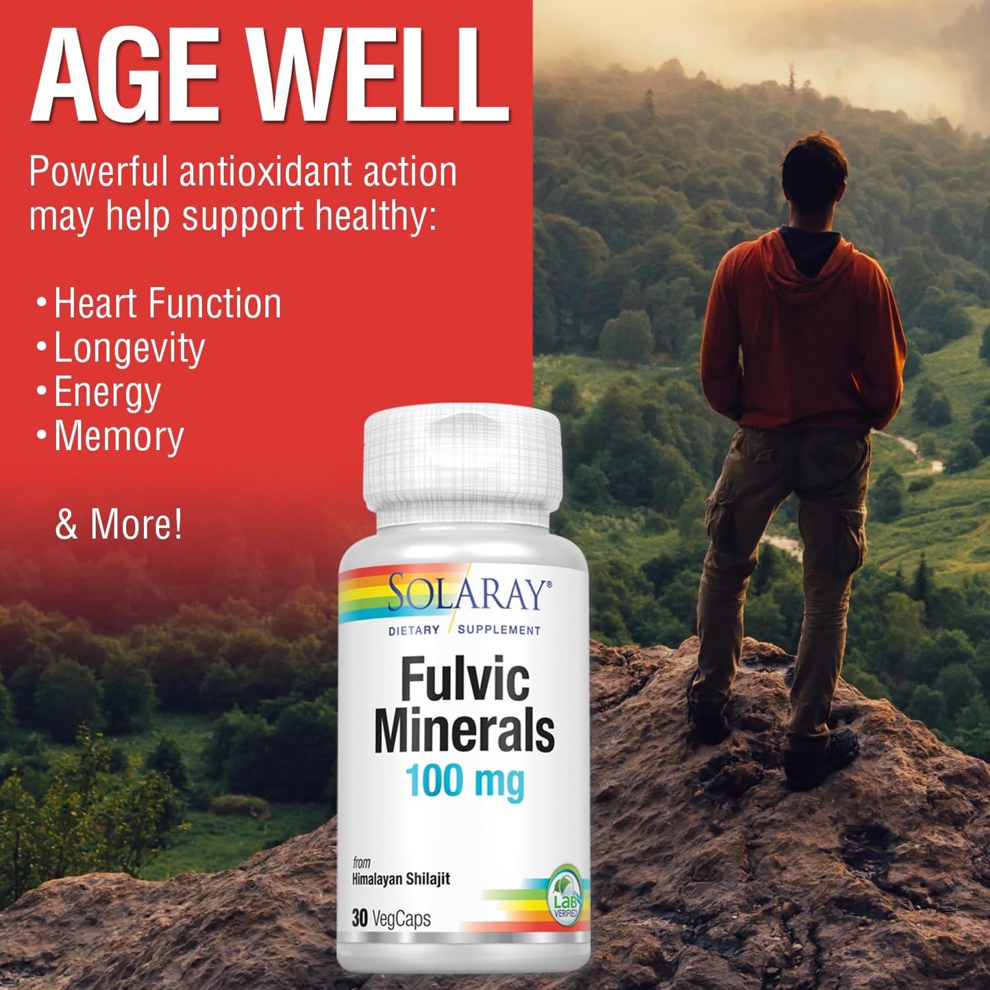 Solaray Fulvic Minerals 100mg Capsules with Himalayan Shilajit for Digestive, Skin, and Brain Health - 30 Count